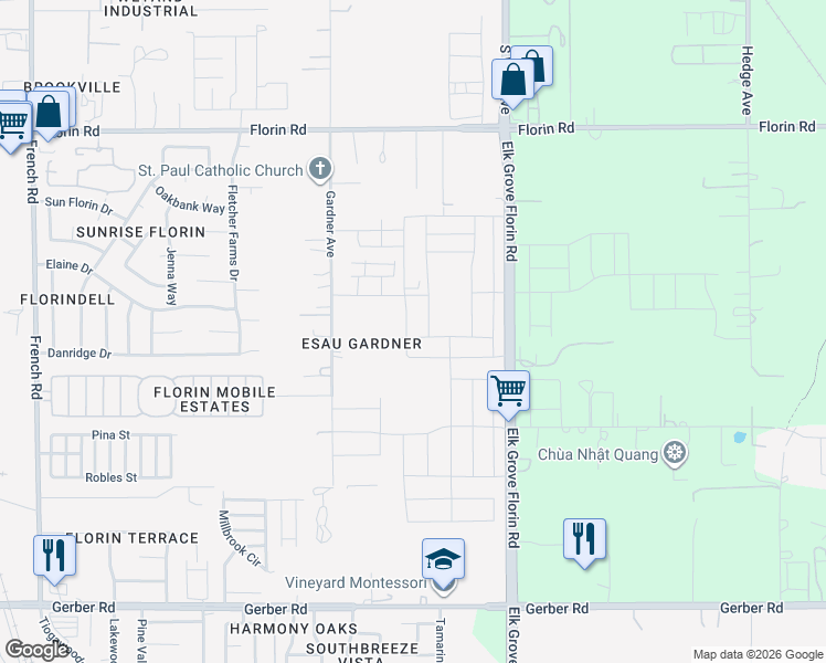 map of restaurants, bars, coffee shops, grocery stores, and more near 7383 Gardner Avenue in Sacramento