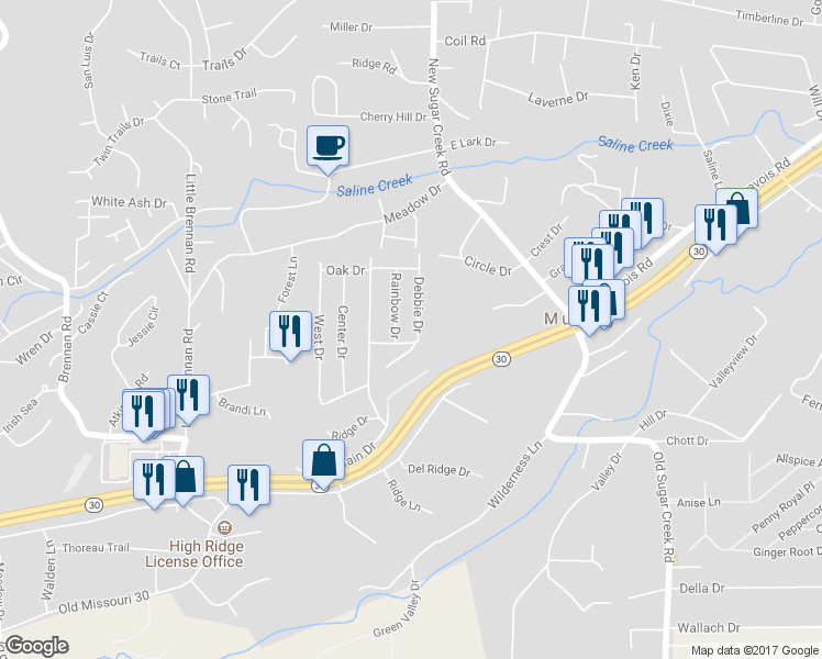 map of restaurants, bars, coffee shops, grocery stores, and more near 1829 Debbie Drive in High Ridge