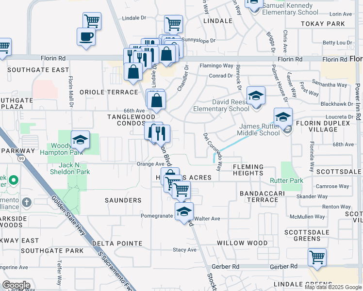 map of restaurants, bars, coffee shops, grocery stores, and more near 7336 Del Prado Way in Sacramento