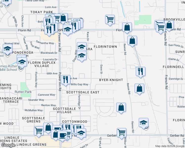 map of restaurants, bars, coffee shops, grocery stores, and more near 7353 Landsborough Court in Sacramento