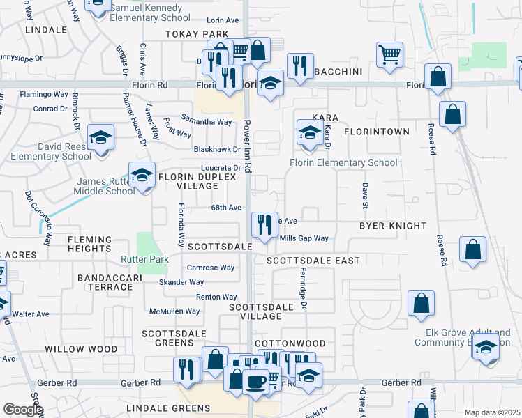 map of restaurants, bars, coffee shops, grocery stores, and more near 7371 Power Inn Road in Sacramento