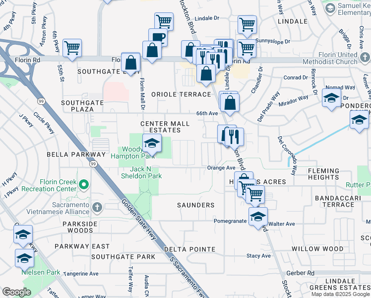map of restaurants, bars, coffee shops, grocery stores, and more near 7359 Sanborn Lane in Sacramento
