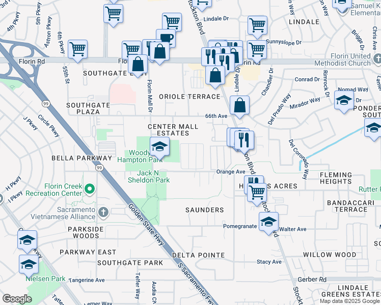 map of restaurants, bars, coffee shops, grocery stores, and more near 7359 Sanborn Lane in Sacramento