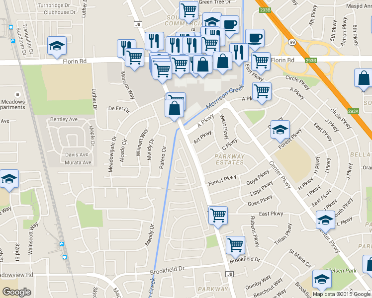 map of restaurants, bars, coffee shops, grocery stores, and more near 7344 Franklin Boulevard in Sacramento