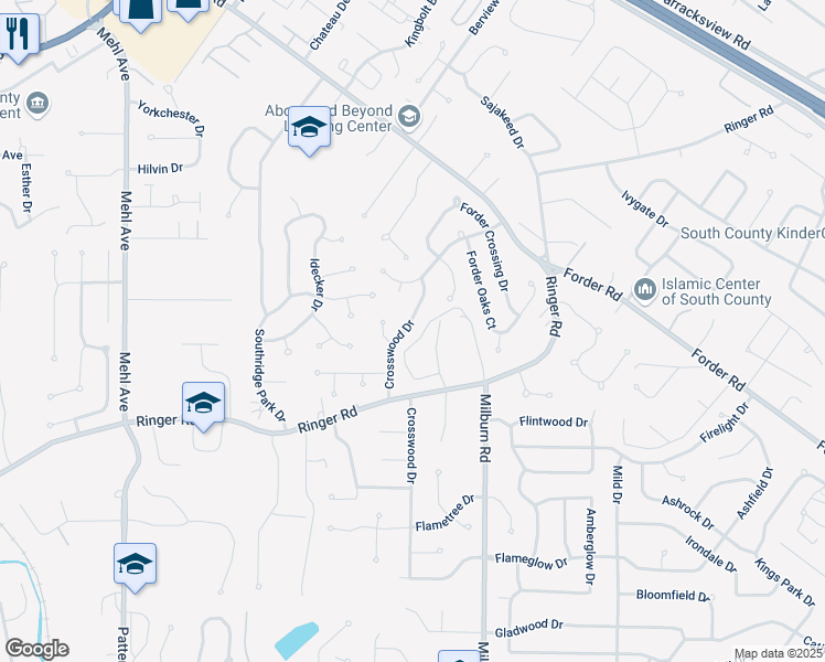 map of restaurants, bars, coffee shops, grocery stores, and more near 4848 Crosswood Drive in St. Louis
