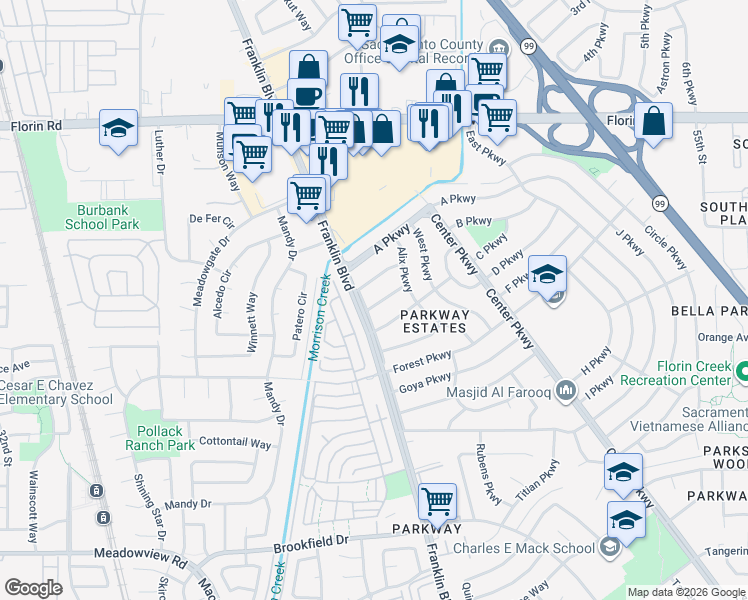 map of restaurants, bars, coffee shops, grocery stores, and more near 4412 Bouts Parkway in Sacramento