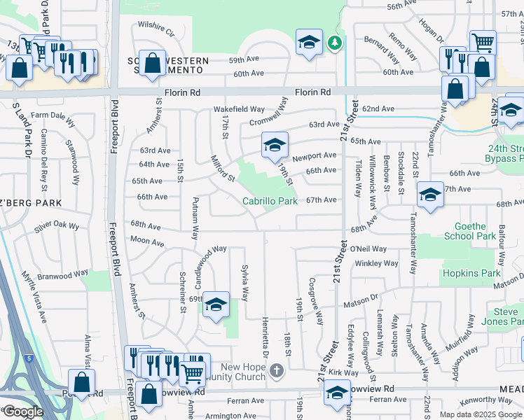 map of restaurants, bars, coffee shops, grocery stores, and more near 7388 Milford Street in Sacramento