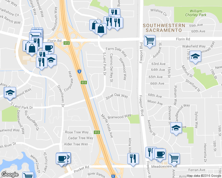 map of restaurants, bars, coffee shops, grocery stores, and more near 1258 Sunland Vista Avenue in Sacramento