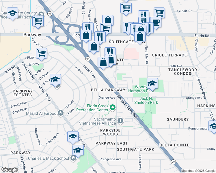 map of restaurants, bars, coffee shops, grocery stores, and more near 7303 Berna Way in Sacramento