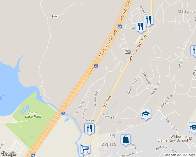 map of restaurants, bars, coffee shops, grocery stores, and more near 301 Kings Crest Drive in Stafford