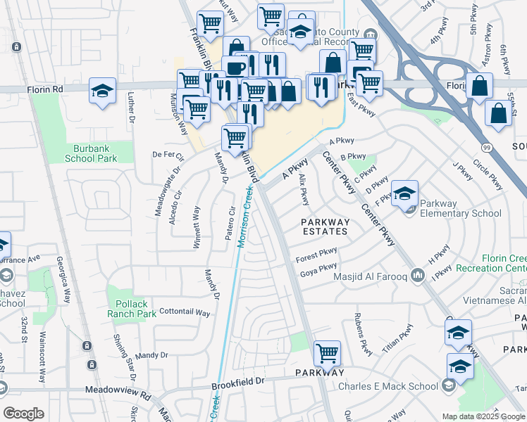map of restaurants, bars, coffee shops, grocery stores, and more near 7344 Franklin Boulevard in Sacramento