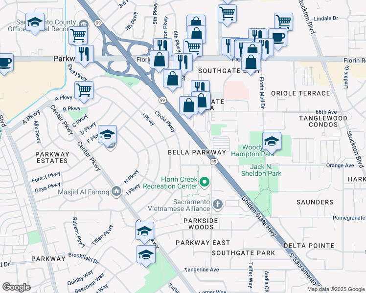 map of restaurants, bars, coffee shops, grocery stores, and more near 7517 Circle Parkway in Sacramento