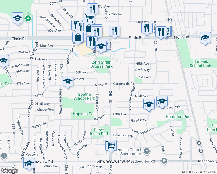 map of restaurants, bars, coffee shops, grocery stores, and more near 7390 24th Street in Sacramento