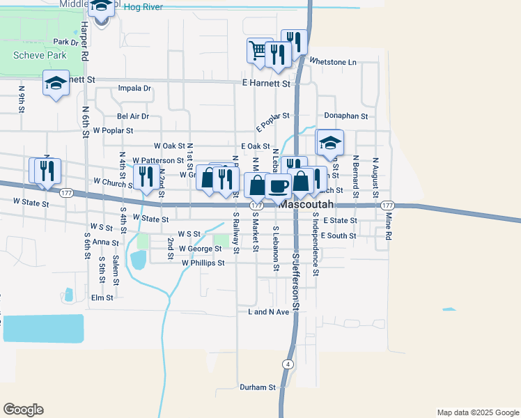 map of restaurants, bars, coffee shops, grocery stores, and more near 102 East Main Street in Mascoutah