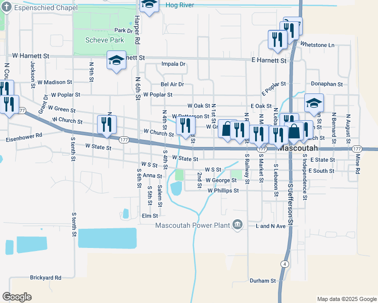 map of restaurants, bars, coffee shops, grocery stores, and more near 134 West Main Street in Mascoutah