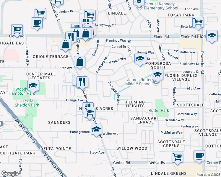 map of restaurants, bars, coffee shops, grocery stores, and more near 7328 Del Coronado Way in Sacramento