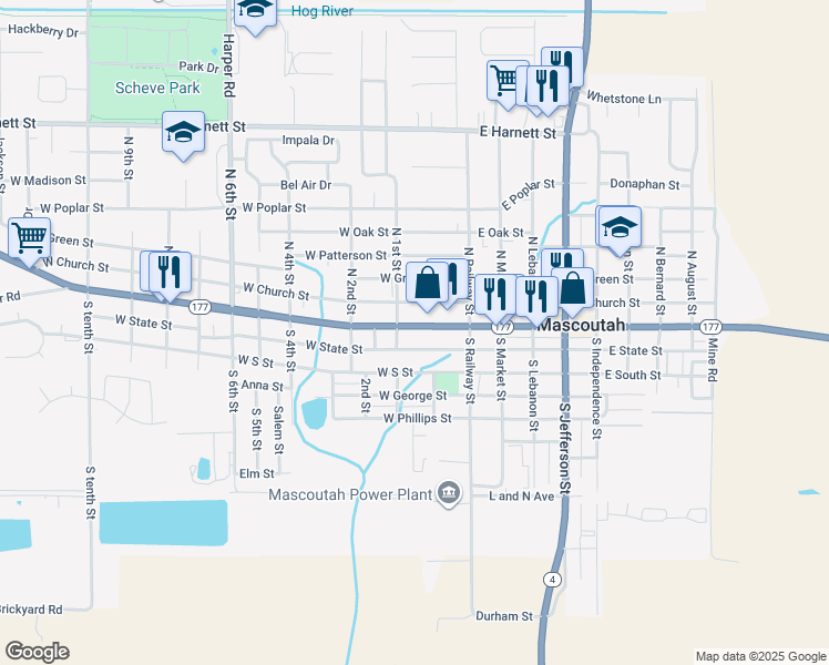 map of restaurants, bars, coffee shops, grocery stores, and more near 52 West Main Street in Mascoutah
