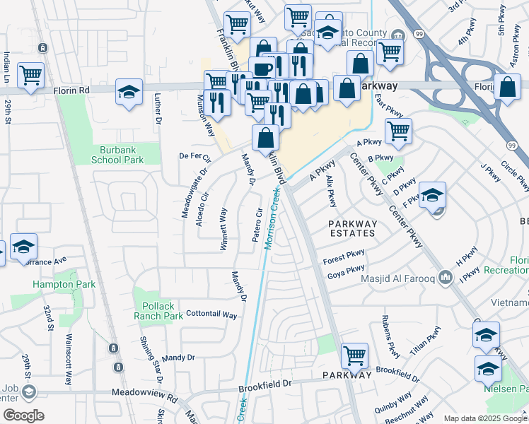 map of restaurants, bars, coffee shops, grocery stores, and more near 7367 Patero Circle in Sacramento