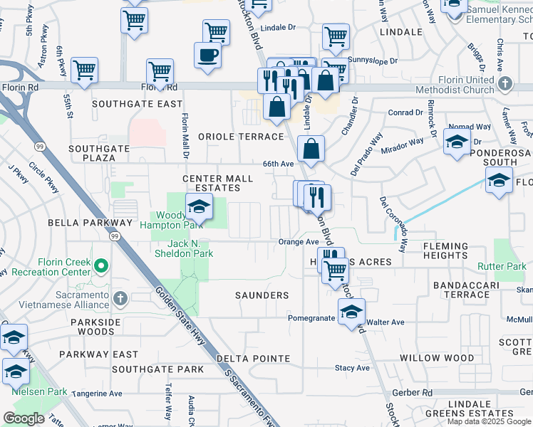 map of restaurants, bars, coffee shops, grocery stores, and more near 28 D Street in Sacramento