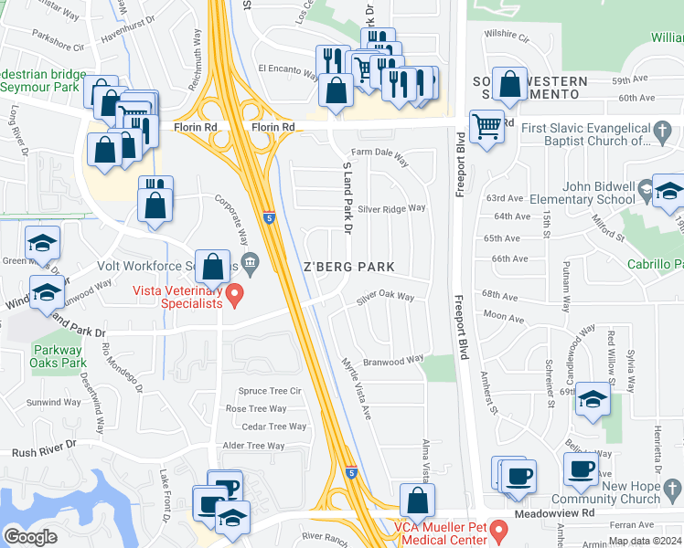 map of restaurants, bars, coffee shops, grocery stores, and more near 7340 S Land Park Dr in Sacramento