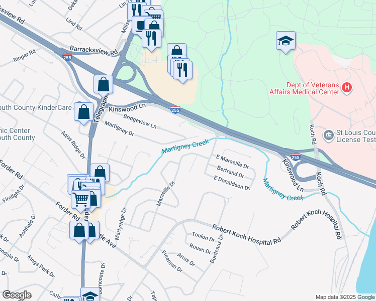 map of restaurants, bars, coffee shops, grocery stores, and more near 131 West Marseille Drive in Saint Louis