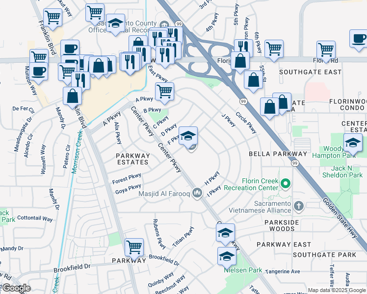 map of restaurants, bars, coffee shops, grocery stores, and more near 4705 Forest Parkway in Sacramento