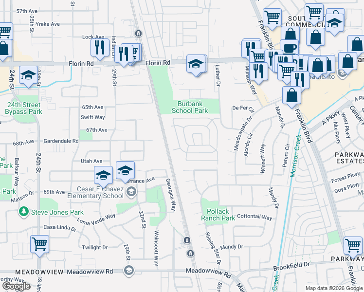 map of restaurants, bars, coffee shops, grocery stores, and more near 182 Wilshire Avenue in Sacramento
