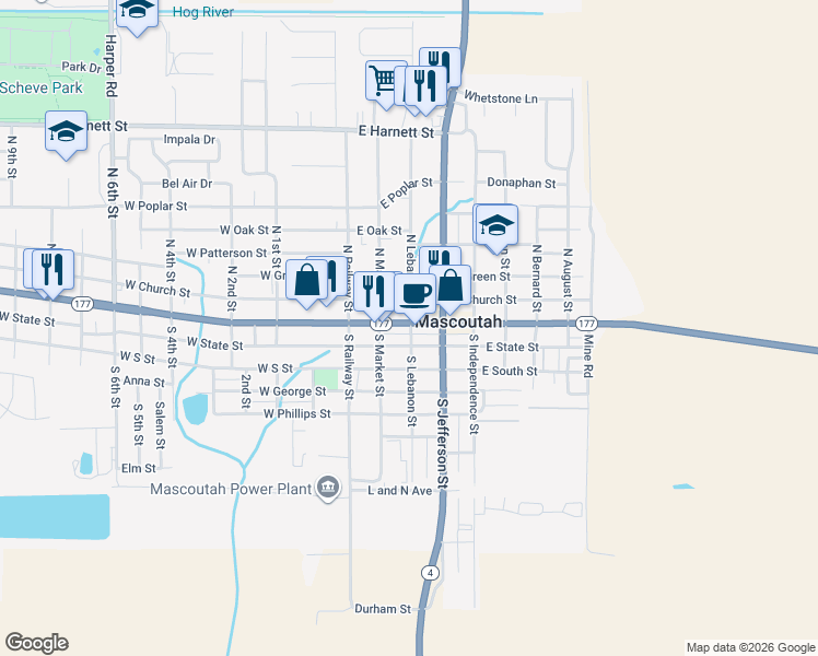 map of restaurants, bars, coffee shops, grocery stores, and more near 214 East Main Street in Mascoutah