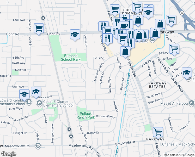 map of restaurants, bars, coffee shops, grocery stores, and more near 7351 Meadowgate Drive in Sacramento