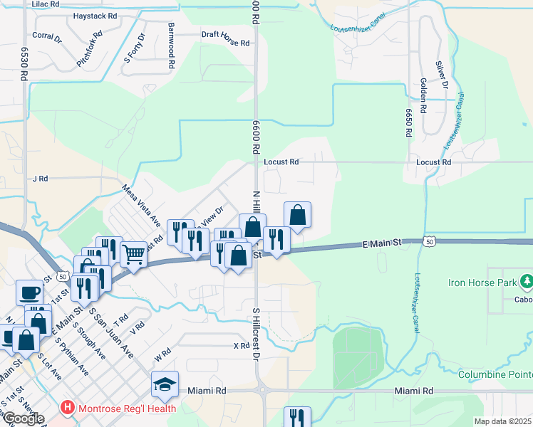 map of restaurants, bars, coffee shops, grocery stores, and more near 120 North Hillcrest Drive in Montrose