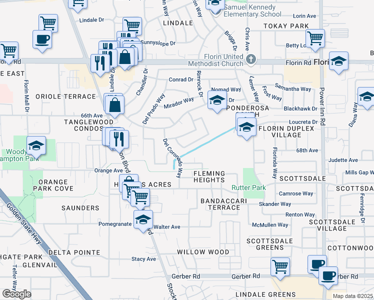 map of restaurants, bars, coffee shops, grocery stores, and more near 6824 Sandrock Way in Sacramento