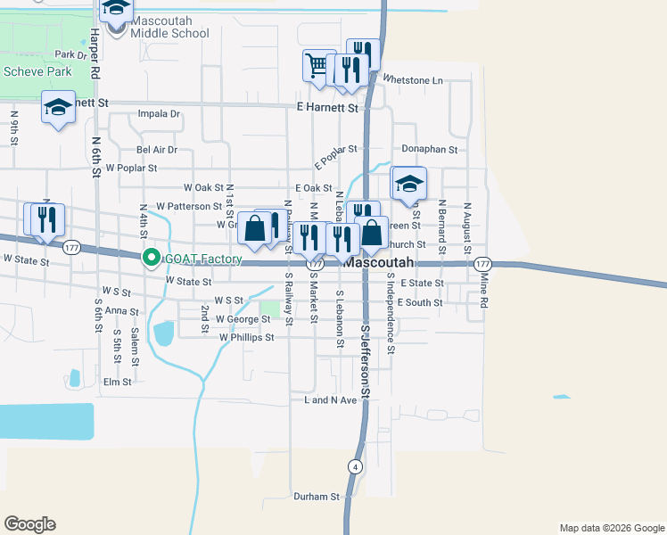 map of restaurants, bars, coffee shops, grocery stores, and more near 102 East Main Street in Mascoutah