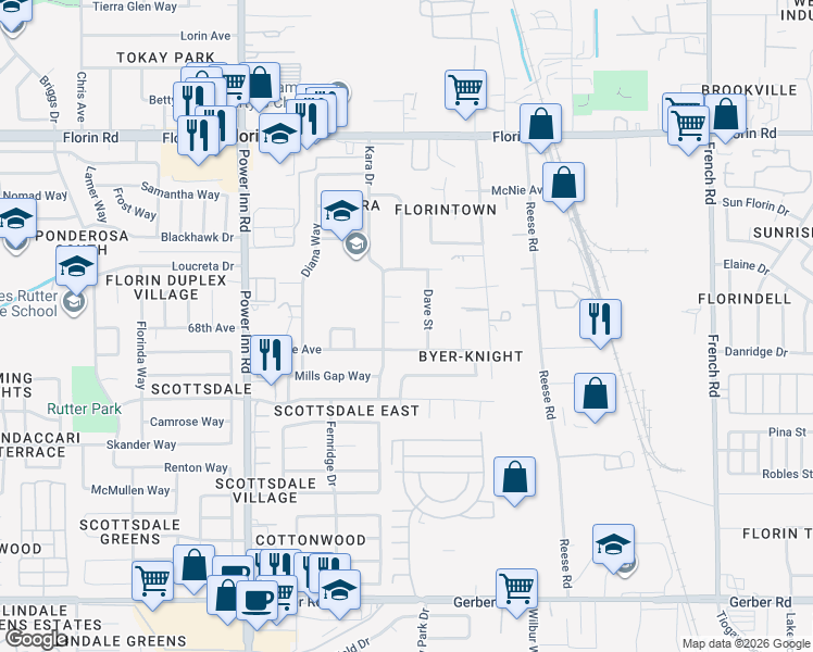 map of restaurants, bars, coffee shops, grocery stores, and more near 7353 Landsborough Court in Sacramento