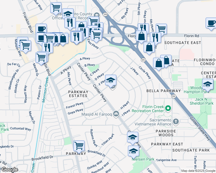 map of restaurants, bars, coffee shops, grocery stores, and more near 4720 Forest Parkway in Sacramento