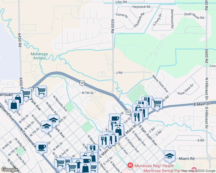 map of restaurants, bars, coffee shops, grocery stores, and more near 469 6530 Road in Montrose