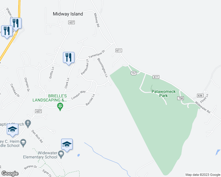 map of restaurants, bars, coffee shops, grocery stores, and more near 54 Bloomington Lane in Stafford
