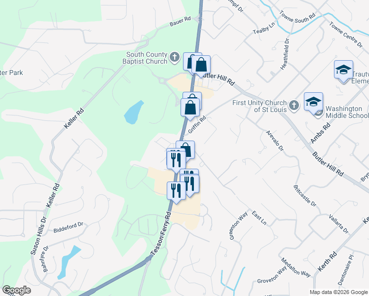 map of restaurants, bars, coffee shops, grocery stores, and more near 13106 Tesson Ferry Road in St. Louis