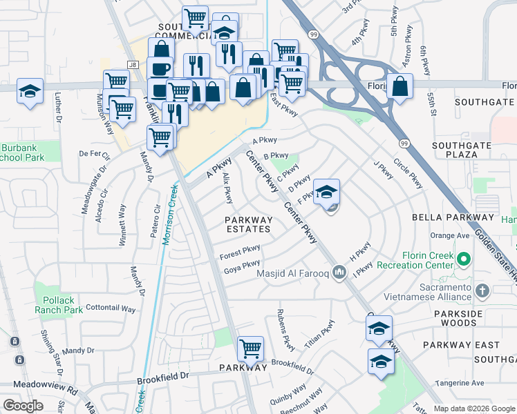 map of restaurants, bars, coffee shops, grocery stores, and more near 7405 West Parkway in Sacramento