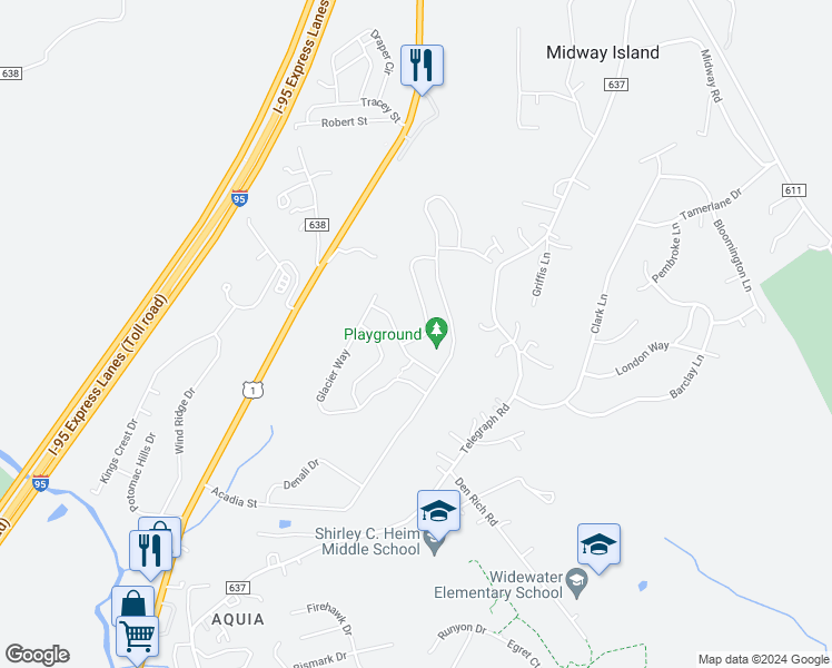 map of restaurants, bars, coffee shops, grocery stores, and more near 7 Everglades Lane in Stafford