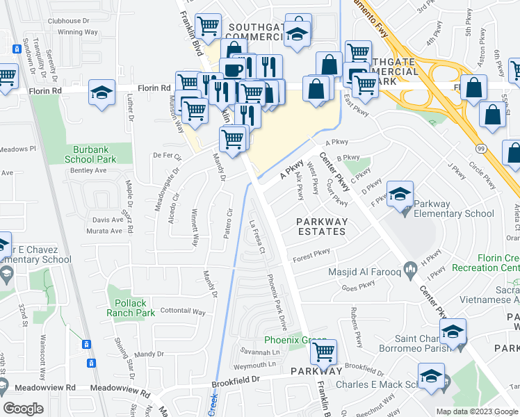 map of restaurants, bars, coffee shops, grocery stores, and more near 7336 Franklin Boulevard in Sacramento
