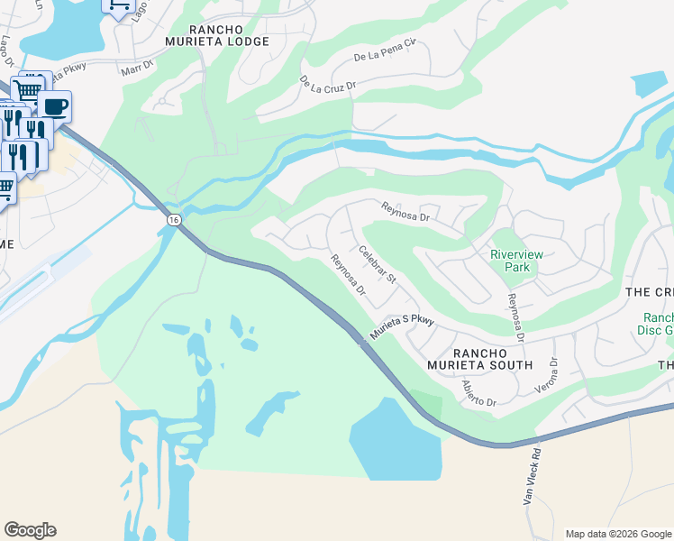 map of restaurants, bars, coffee shops, grocery stores, and more near 15108 Reynosa Drive in Rancho Murieta