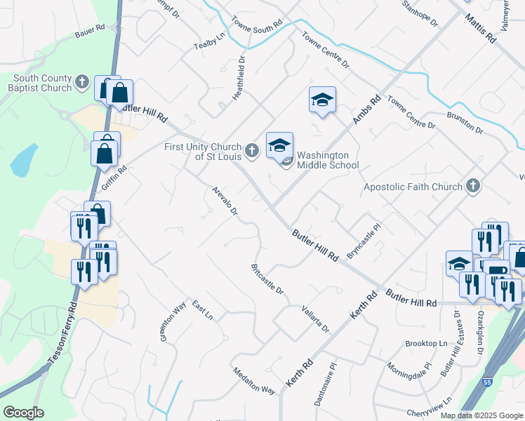 map of restaurants, bars, coffee shops, grocery stores, and more near 4706 Butler Hill Road in St. Louis
