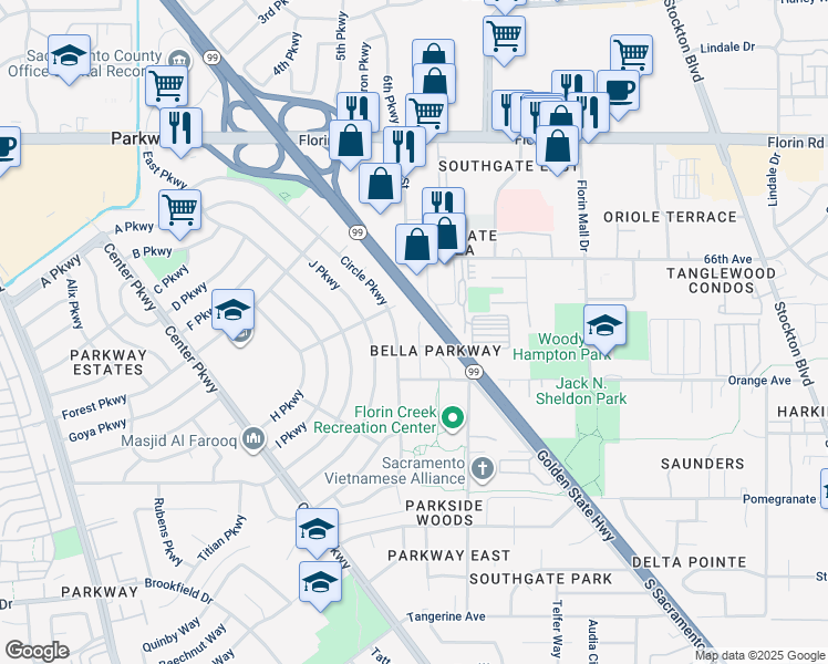map of restaurants, bars, coffee shops, grocery stores, and more near 7517 Circle Parkway in Sacramento