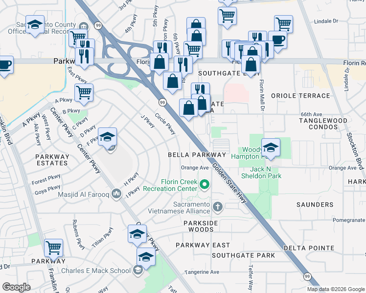 map of restaurants, bars, coffee shops, grocery stores, and more near 7517 Circle Parkway in Sacramento