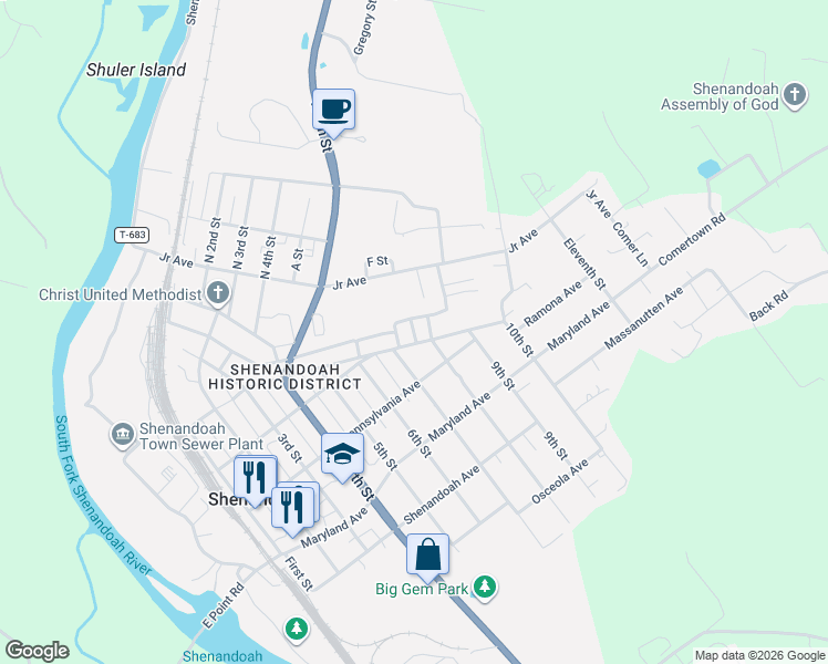 map of restaurants, bars, coffee shops, grocery stores, and more near 701 Denver Avenue in Shenandoah