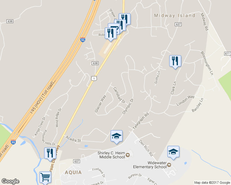 map of restaurants, bars, coffee shops, grocery stores, and more near 29 Carlsbad Drive in Stafford