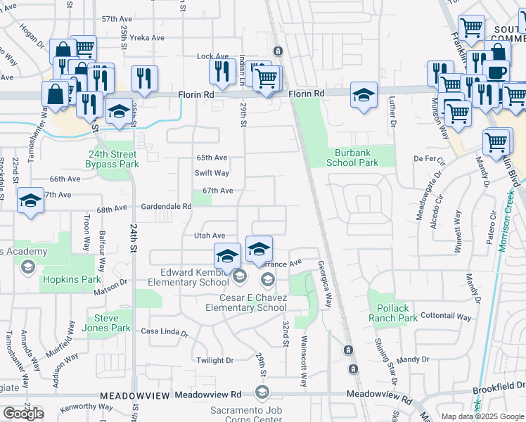 map of restaurants, bars, coffee shops, grocery stores, and more near 7401 Salford Street in Sacramento