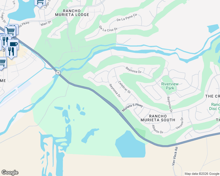 map of restaurants, bars, coffee shops, grocery stores, and more near 15108 Reynosa Drive in Rancho Murieta