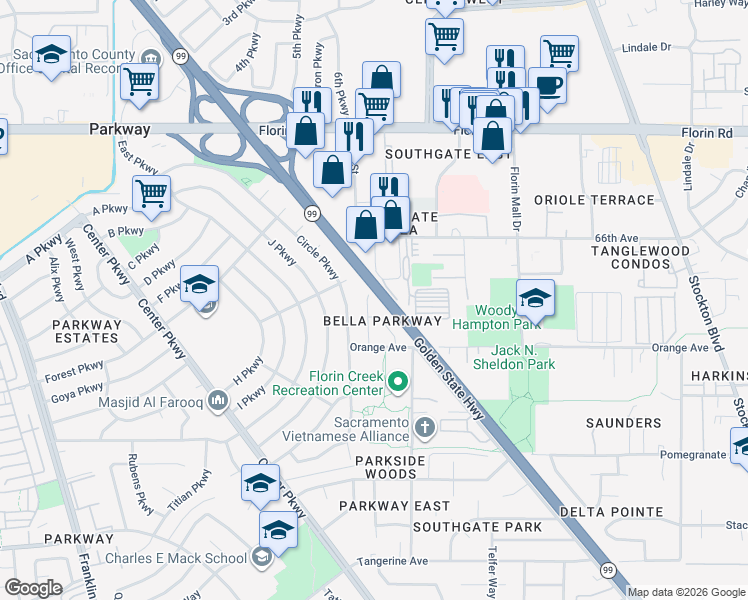 map of restaurants, bars, coffee shops, grocery stores, and more near 7303 Berna Way in Sacramento