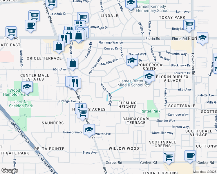 map of restaurants, bars, coffee shops, grocery stores, and more near 7328 Del Coronado Way in Sacramento